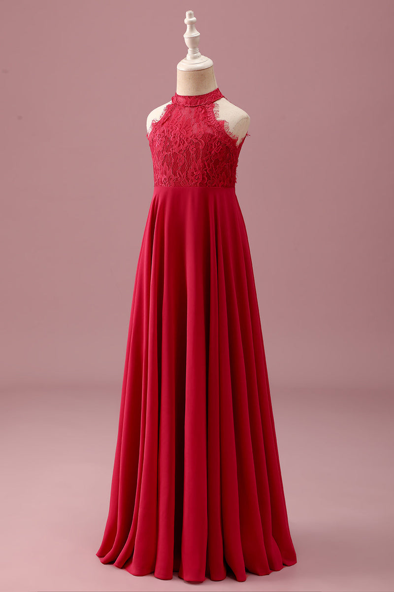 Load image into Gallery viewer, Lace Halter Red A Line Chiffon Ruched Junior Bridesmaid Dress