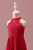 Load image into Gallery viewer, Lace Halter Red A Line Chiffon Ruched Junior Bridesmaid Dress