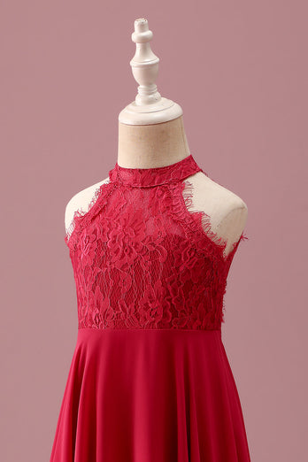 Lace Halter Red A Line Chiffon Ruched Junior Bridesmaid Dress