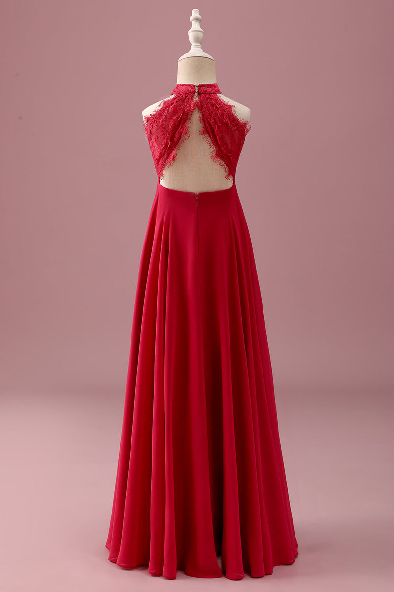 Load image into Gallery viewer, Lace Halter Red A Line Chiffon Ruched Junior Bridesmaid Dress