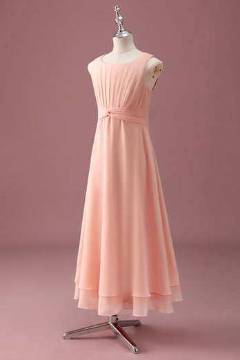 Peach Square Neck Pleated Chiffon A Line Junior Bridesmaid Dress