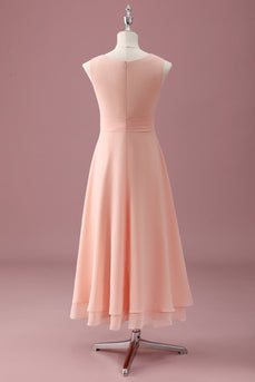 Peach Square Neck Pleated Chiffon A Line Junior Bridesmaid Dress