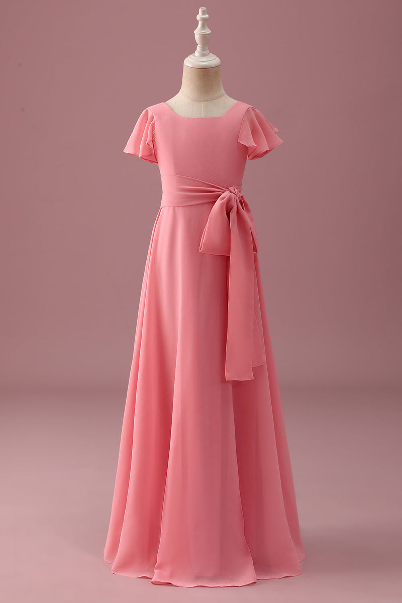 Load image into Gallery viewer, Coral Chiffon Short Sleeves A Line Junior Bridesmaid Dress with Bowknot