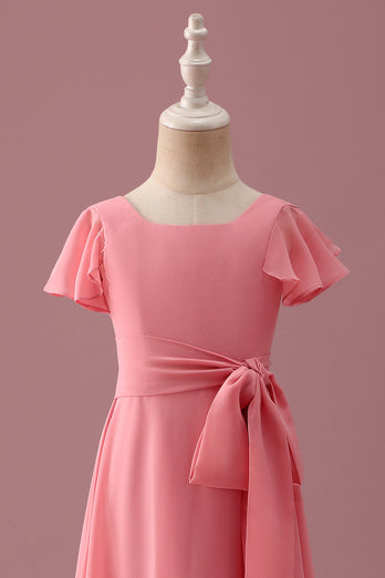 Coral Chiffon Short Sleeves A Line Junior Bridesmaid Dress with Bowknot