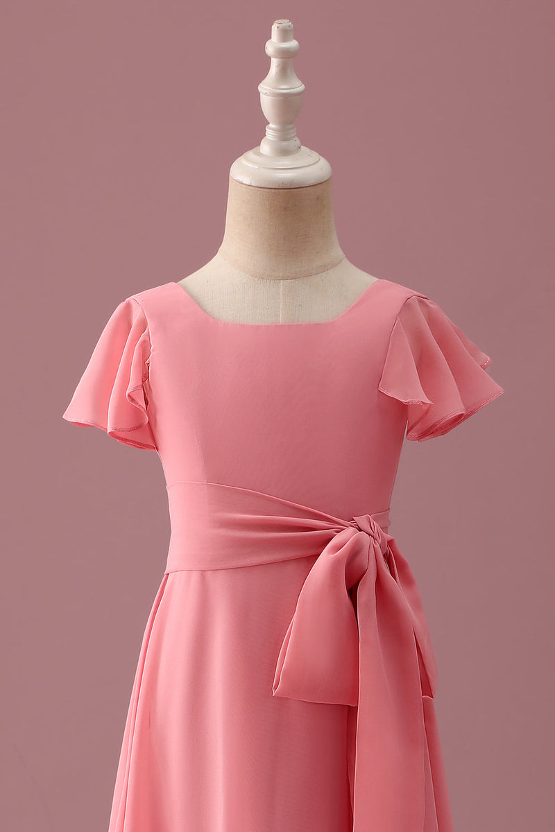 Load image into Gallery viewer, Coral Chiffon Short Sleeves A Line Junior Bridesmaid Dress with Bowknot