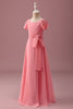 Load image into Gallery viewer, Coral Chiffon Short Sleeves A Line Junior Bridesmaid Dress with Bowknot