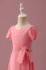 Load image into Gallery viewer, Coral Chiffon Short Sleeves A Line Junior Bridesmaid Dress with Bowknot