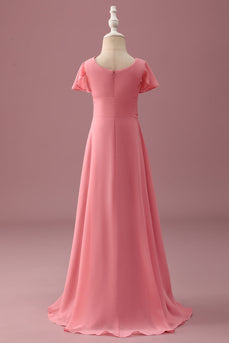 Coral Chiffon Short Sleeves A Line Junior Bridesmaid Dress with Bowknot