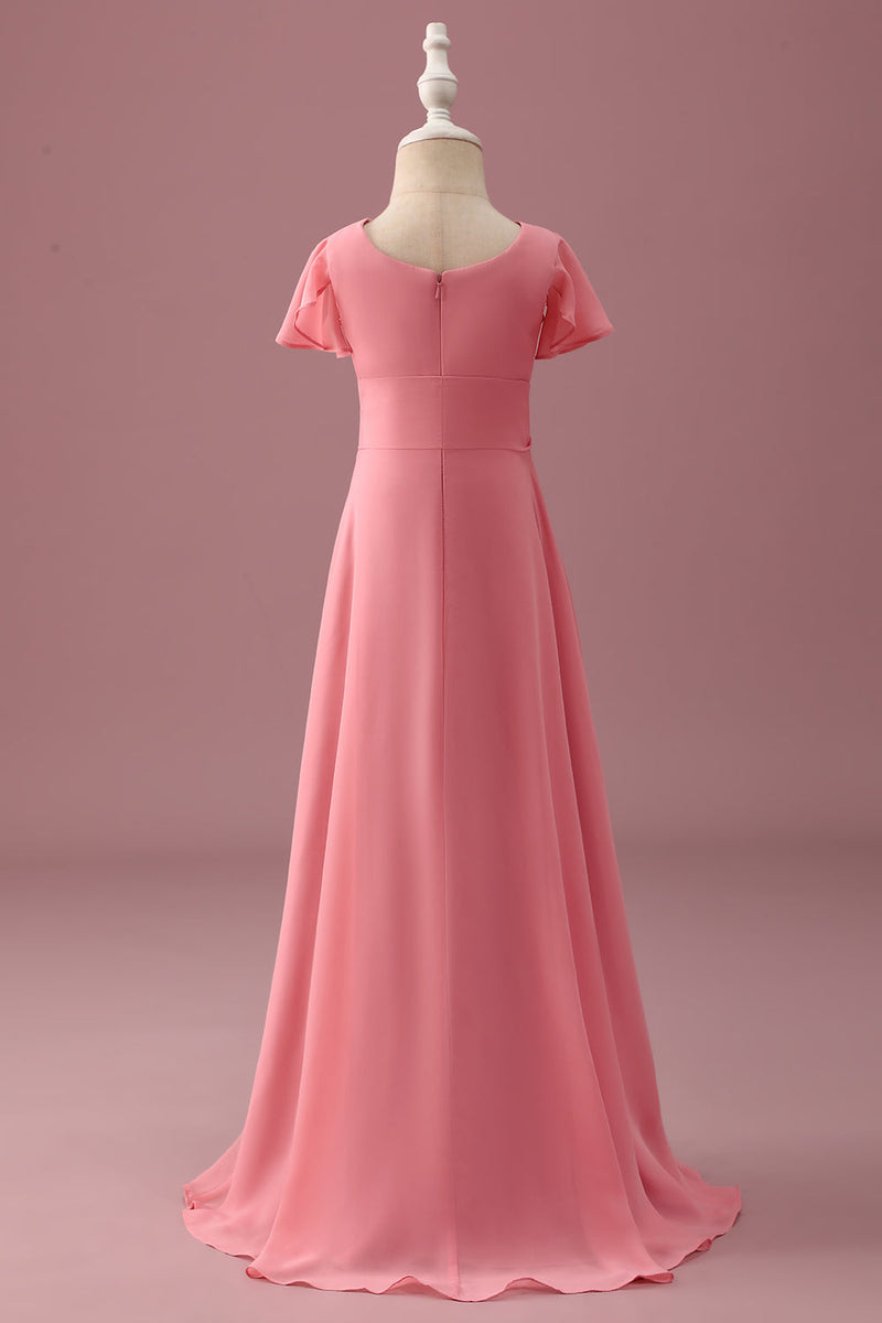 Load image into Gallery viewer, Coral Chiffon Short Sleeves A Line Junior Bridesmaid Dress with Bowknot