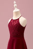 Load image into Gallery viewer, Burgundy Halter Lace A Line Chiffon Long Junior Bridesmaid Dress