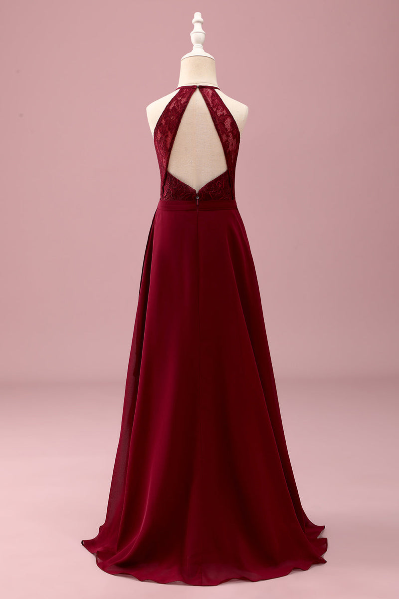 Load image into Gallery viewer, Burgundy Halter Lace A Line Chiffon Long Junior Bridesmaid Dress