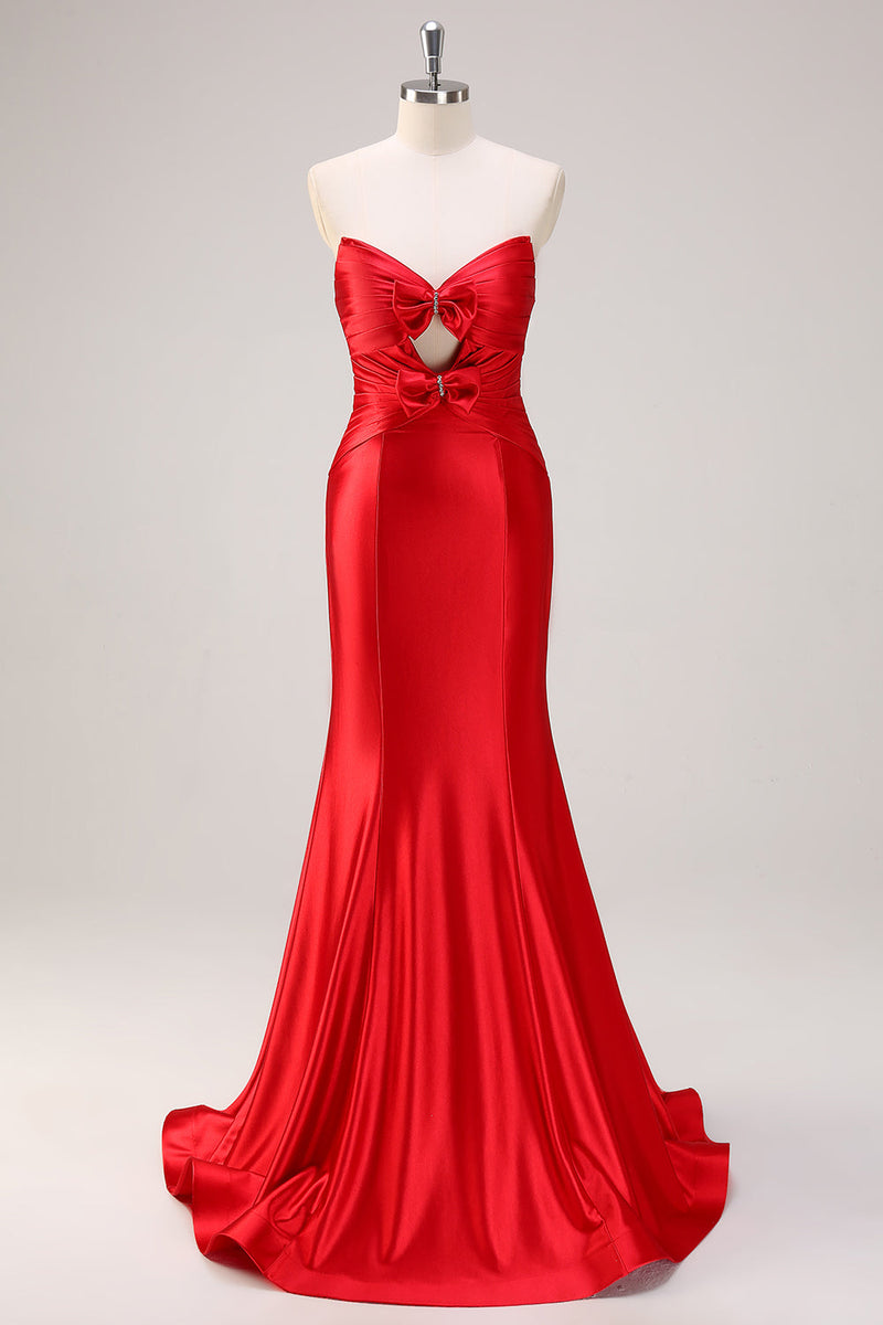 Load image into Gallery viewer, Red Mermaid Strapless Cut Out Ruched Long Prom Dress with Bows