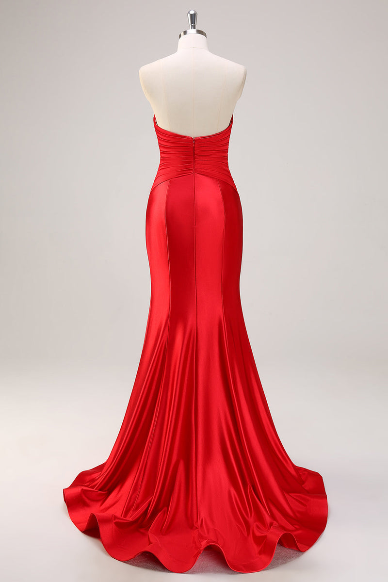 Load image into Gallery viewer, Red Mermaid Strapless Cut Out Ruched Long Prom Dress with Bows