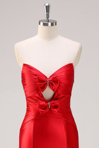 Red Mermaid Strapless Cut Out Ruched Long Prom Dress with Bows