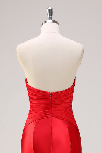 Red Mermaid Strapless Cut Out Ruched Long Prom Dress with Bows