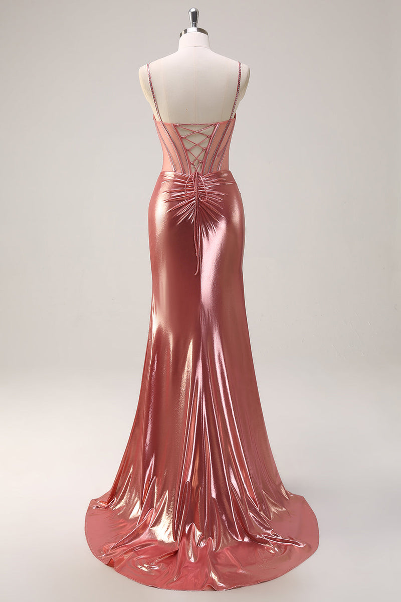 Load image into Gallery viewer, Blush Spaghetti Straps Mermaid Metallic Long Corset Prom Dress with Slit