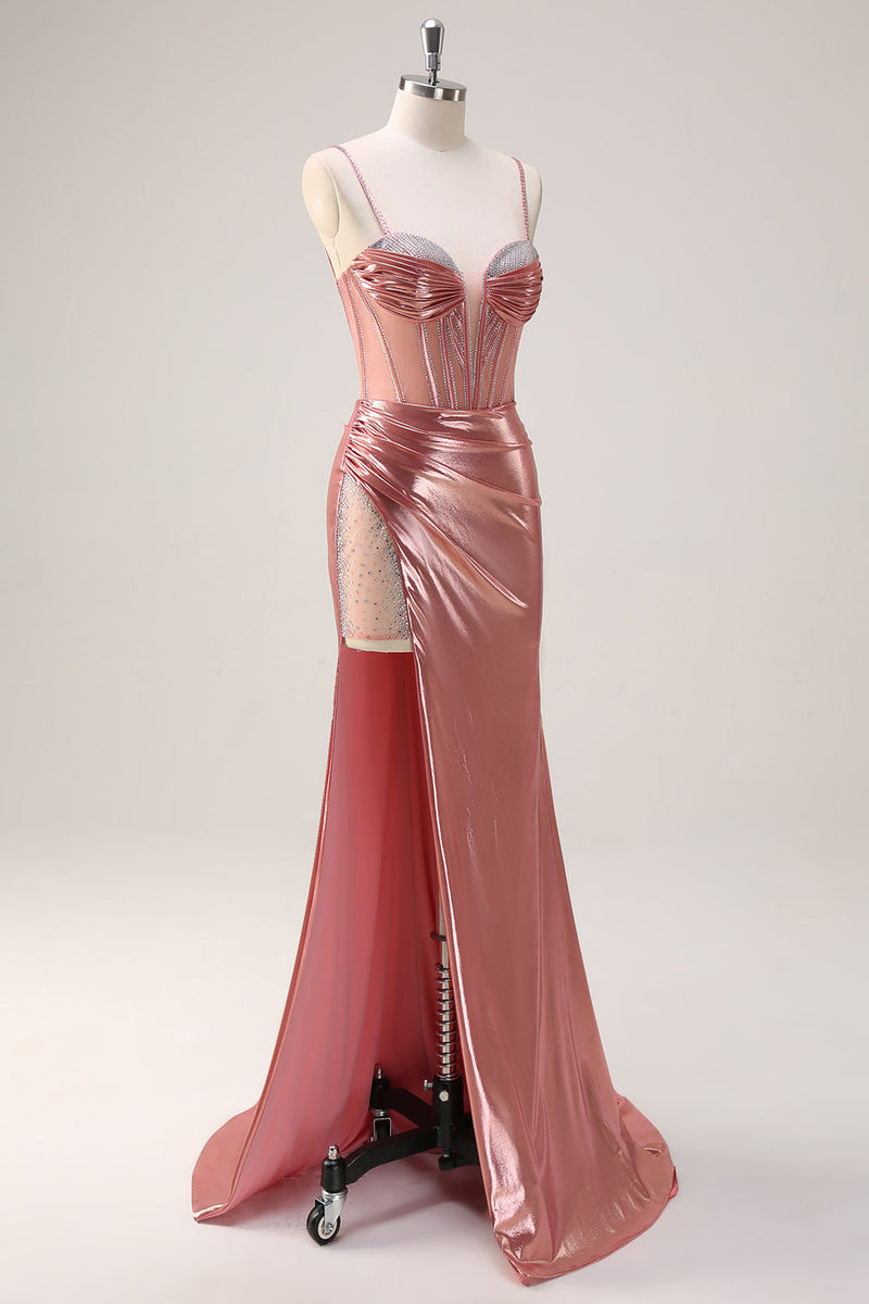 Load image into Gallery viewer, Blush Spaghetti Straps Mermaid Metallic Long Corset Prom Dress with Slit