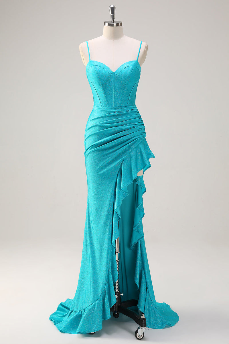 Load image into Gallery viewer, Blue Spaghetti Straps Mermaid Beaded Long Corset Prom Dress with Ruffle Slit