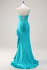 Load image into Gallery viewer, Blue Spaghetti Straps Mermaid Beaded Long Corset Prom Dress with Ruffle Slit