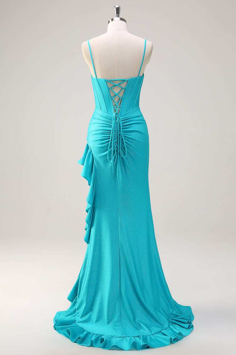 Load image into Gallery viewer, Blue Spaghetti Straps Mermaid Beaded Long Corset Prom Dress with Ruffle Slit