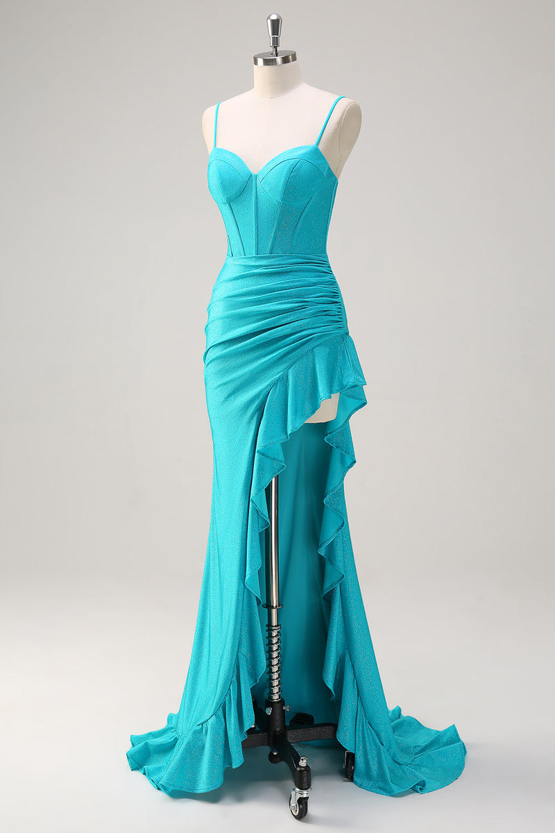 Load image into Gallery viewer, Blue Spaghetti Straps Mermaid Beaded Long Corset Prom Dress with Ruffle Slit