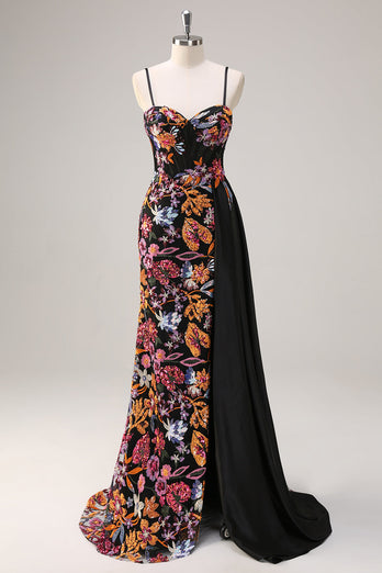 Sparkly Black Floral Mermaid Sequins Long Corset Prom Dress with Slit