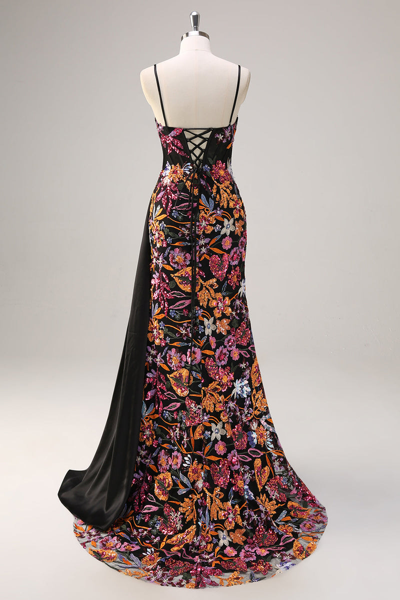 Load image into Gallery viewer, Sparkly Black Floral Mermaid Sequins Long Corset Prom Dress with Slit