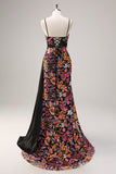 Sparkly Black Floral Mermaid Sequins Long Corset Prom Dress with Slit