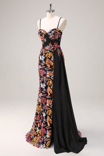 Sparkly Black Floral Mermaid Sequins Long Corset Prom Dress with Slit