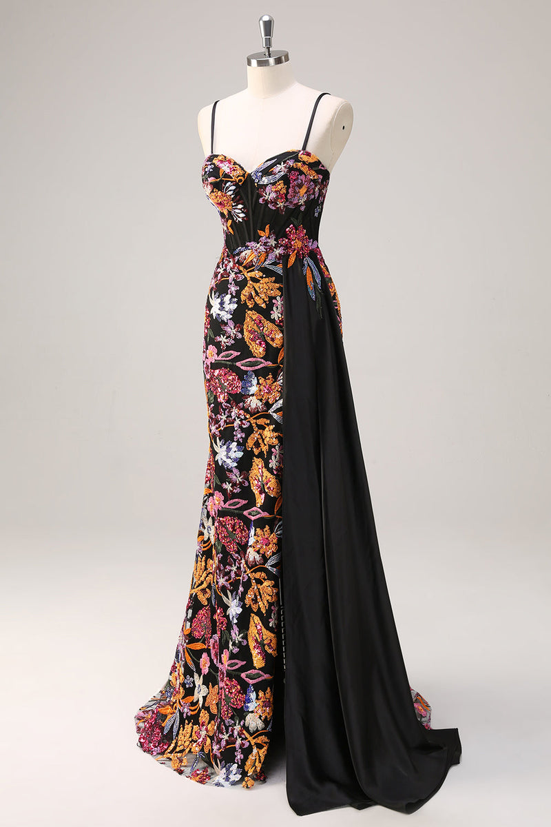 Load image into Gallery viewer, Sparkly Black Floral Mermaid Sequins Long Corset Prom Dress with Slit