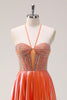 Load image into Gallery viewer, Sparkly Orange A-Line Halter Beaded Metallic Long Prom Dress with Beading