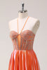 Load image into Gallery viewer, Sparkly Orange A-Line Halter Beaded Metallic Long Prom Dress with Beading