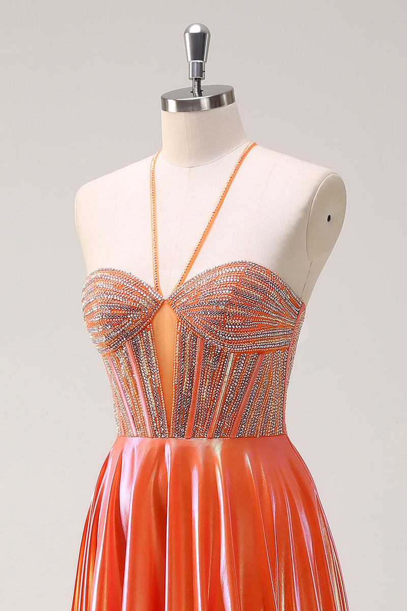 Load image into Gallery viewer, Sparkly Orange A-Line Halter Beaded Metallic Long Prom Dress with Beading