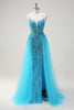 Load image into Gallery viewer, Sparkly Blue Spaghetti Straps Sequin Long Prom Dress with Side Cape