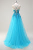 Load image into Gallery viewer, Sparkly Blue Spaghetti Straps Sequin Long Prom Dress with Side Cape