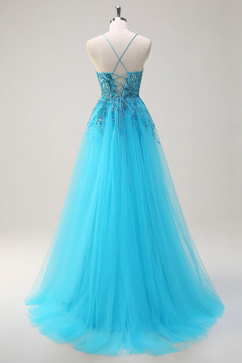 Sparkly Blue Spaghetti Straps Sequin Long Prom Dress with Side Cape