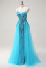 Load image into Gallery viewer, Sparkly Blue Spaghetti Straps Sequin Long Prom Dress with Side Cape