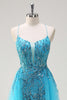 Load image into Gallery viewer, Sparkly Blue Spaghetti Straps Sequin Long Prom Dress with Side Cape