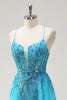 Load image into Gallery viewer, Sparkly Blue Spaghetti Straps Sequin Long Prom Dress with Side Cape