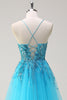 Load image into Gallery viewer, Sparkly Blue Spaghetti Straps Sequin Long Prom Dress with Side Cape