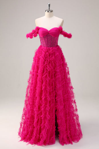 Fuchsia A-Line Tiered Off the Shoulder Long Corset Prom Dress with Beading