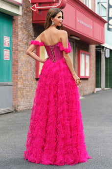 Fuchsia Tiered A-Line Off the Shoulder Long Corset Prom Dress with Beading