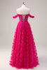 Load image into Gallery viewer, Fuchsia A-Line Tiered Off the Shoulder Long Corset Prom Dress with Beading