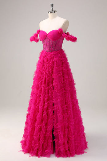 Fuchsia A-Line Tiered Off the Shoulder Long Corset Prom Dress with Beading