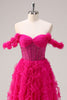 Load image into Gallery viewer, Fuchsia A-Line Tiered Off the Shoulder Long Corset Prom Dress with Beading