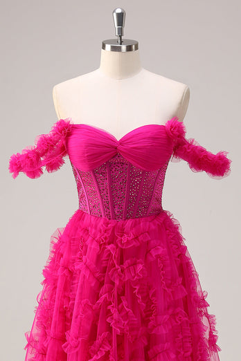 Fuchsia A-Line Tiered Off the Shoulder Long Corset Prom Dress with Beading