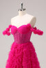 Load image into Gallery viewer, Fuchsia A-Line Tiered Off the Shoulder Long Corset Prom Dress with Beading