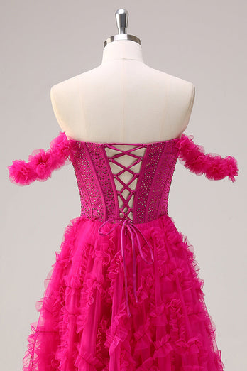 Fuchsia A-Line Tiered Off the Shoulder Long Corset Prom Dress with Beading