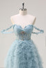 Load image into Gallery viewer, Dusty Blue Princess Off the Shoulder Sheer Corset Long Prom Dress with Ruffles