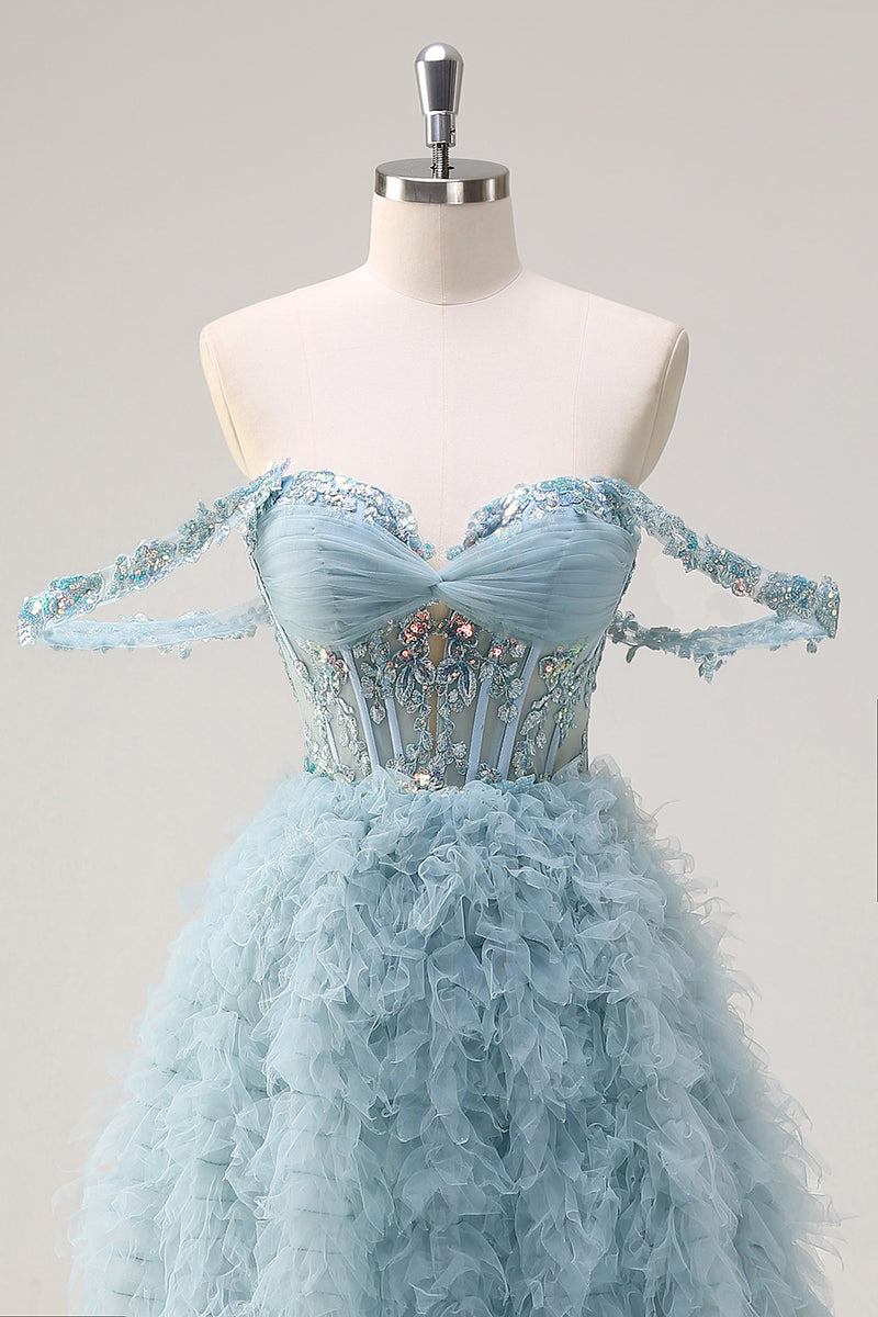 Load image into Gallery viewer, Dusty Blue Princess Off the Shoulder Sheer Corset Long Prom Dress with Ruffles